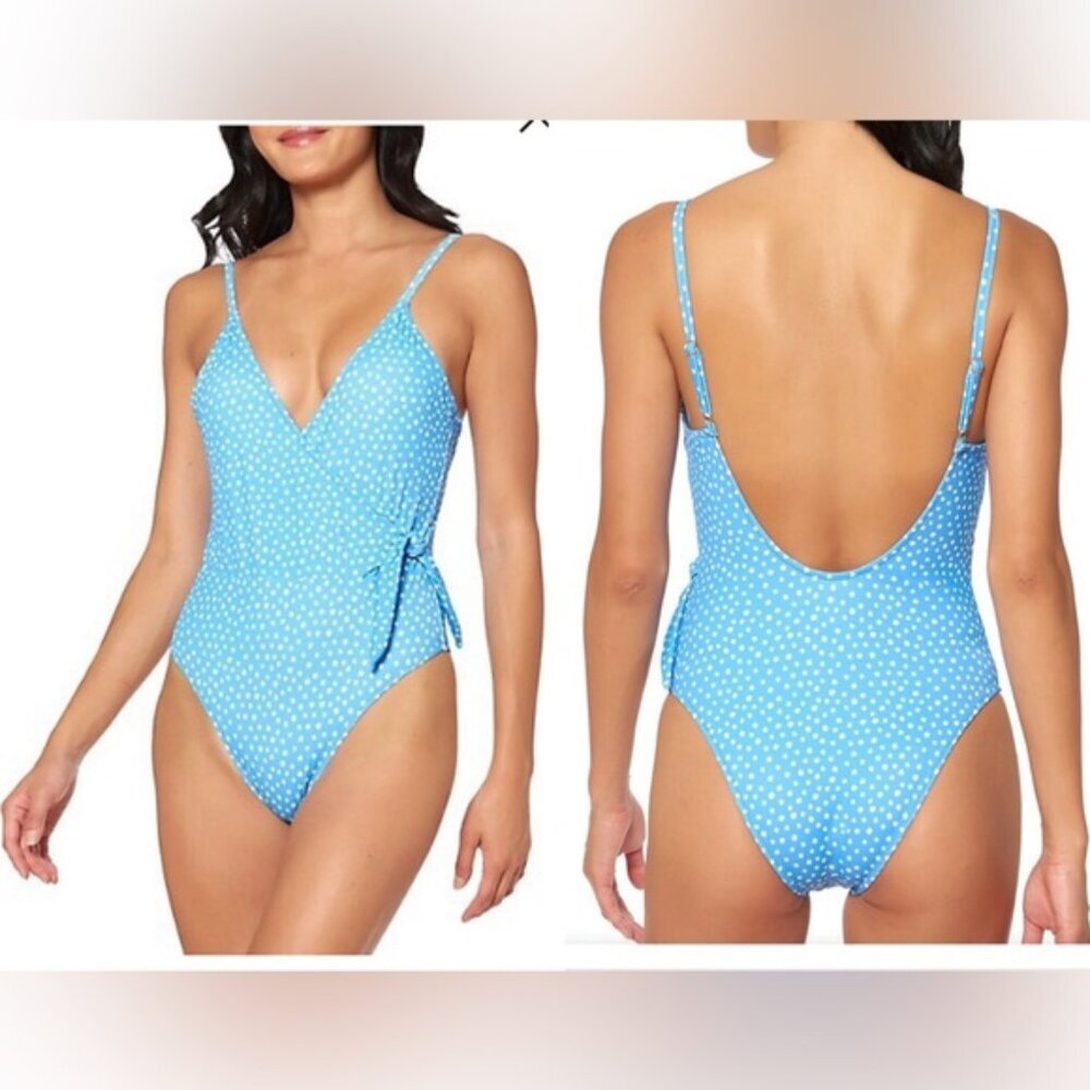 Jessica Simpson NEW Polka Dot Faux Wrap V Neck 1Piece Swimsuit Bathing Eyeshadow